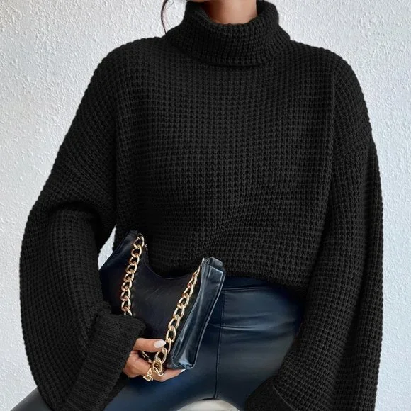 Black Casual Womens Turtleneck Drop Shoulder Waffle Knit Sweater - Picture 3 of 5